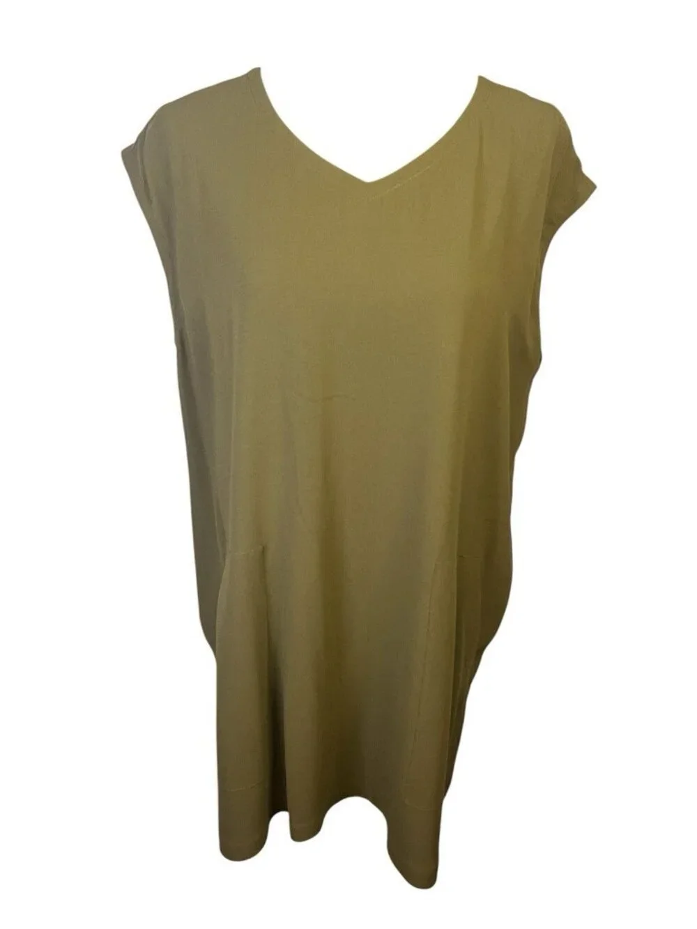 EILEEN FISHER Silk Georgette Crepe green Vneck Tunic Sz S Pockets Dolman Cap - Picture 2 of 8